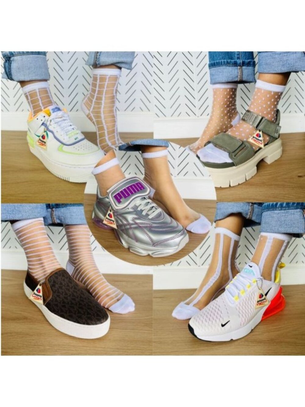⭐Women Socks 5 Pairs Transparent Silk Elastic Mesh Multi design Ankle White New